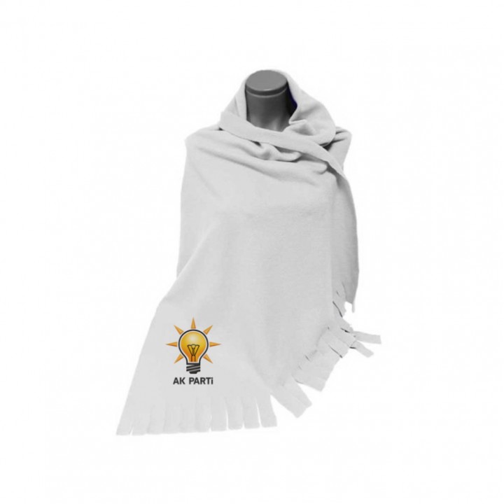 AK Parti Logolu Beyaz Polar Şal 60x155 cm Püsküllü Promosyon Model